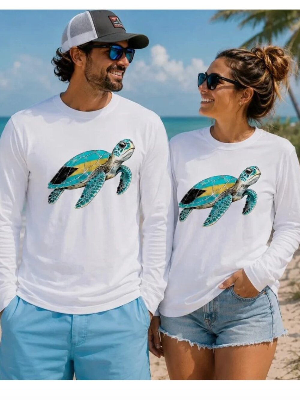 Bahamas Flag Long Sleeve UV Fishing Shirt, Sea Turtle nautical marine life beach